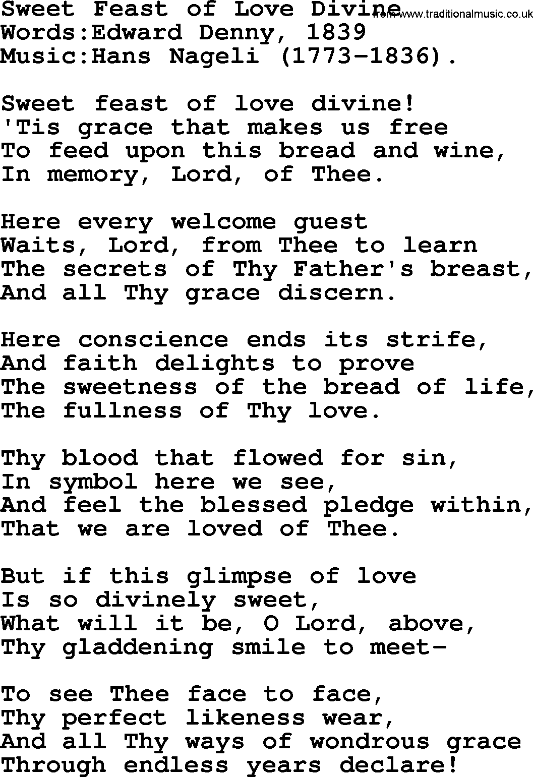 Christian hymns and song lyrics for Communion(The Eucharist): Sweet Feast Of Love Divine, lyrics with PDF