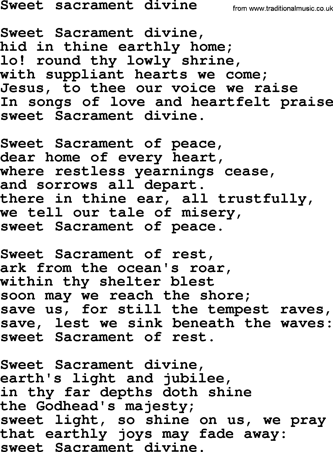 Christian hymns and song lyrics for Communion(The Eucharist): Sweet Sacrament Divine, lyrics with PDF
