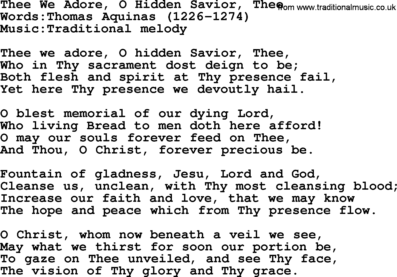 Christian hymns and song lyrics for Communion(The Eucharist): Thee We Adore, O Hidden Savior, Thee, lyrics with PDF