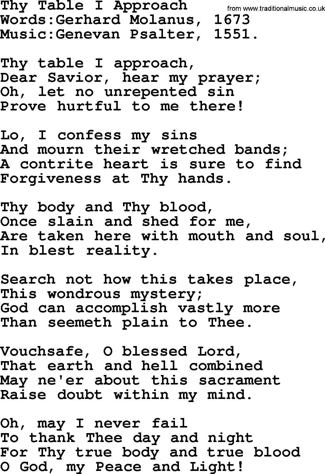 Christian hymns and song lyrics for Communion(The Eucharist): Thy Table I Approach, lyrics with PDF