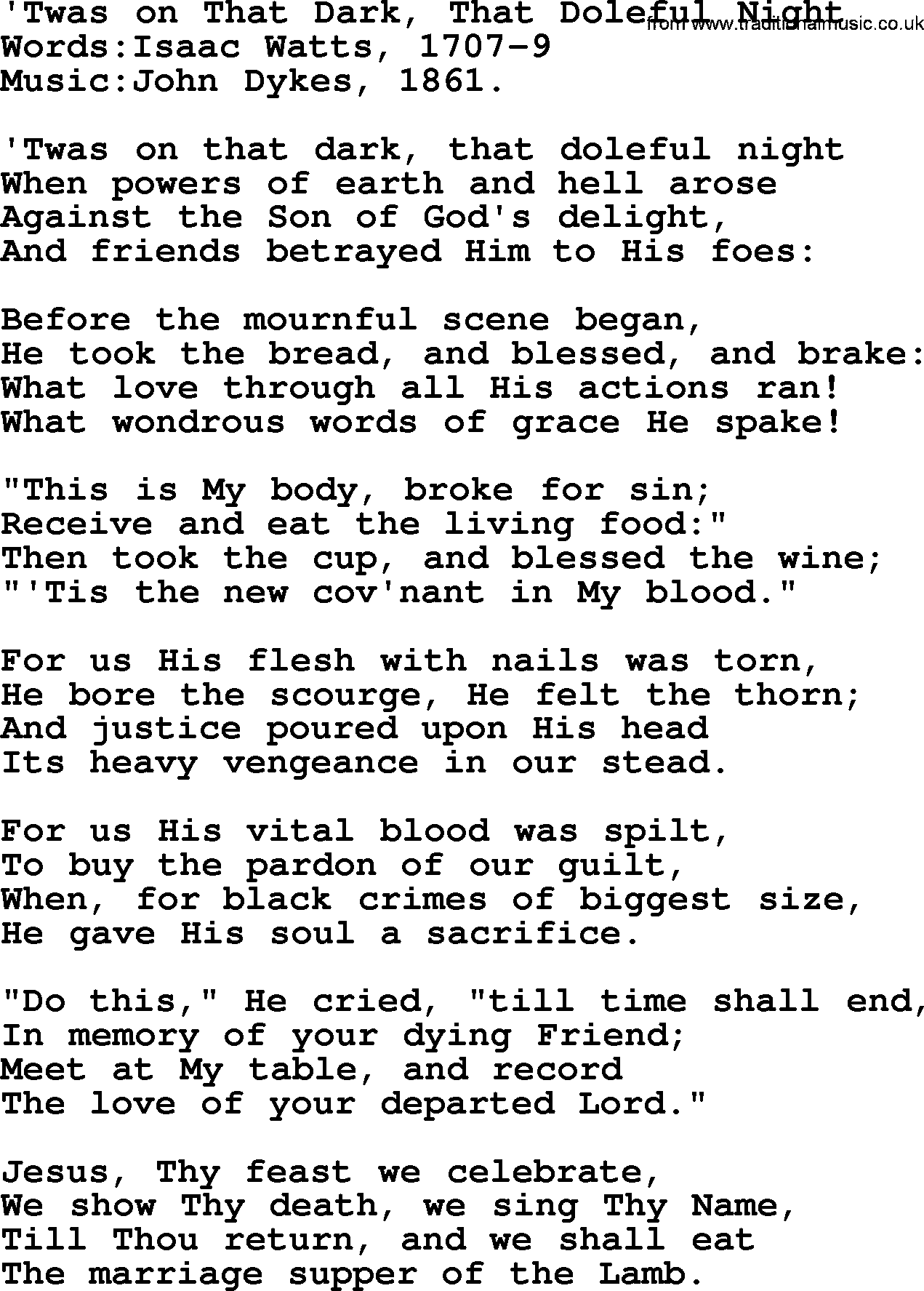 Christian hymns and song lyrics for Communion(The Eucharist): Twas On That Dark, That Doleful Night, lyrics with PDF