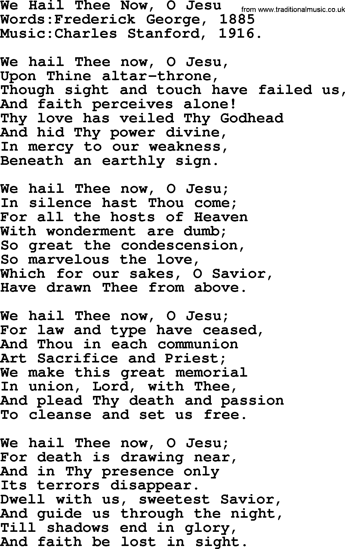 Christian hymns and song lyrics for Communion(The Eucharist): We Hail Thee Now, O Jesu, lyrics with PDF