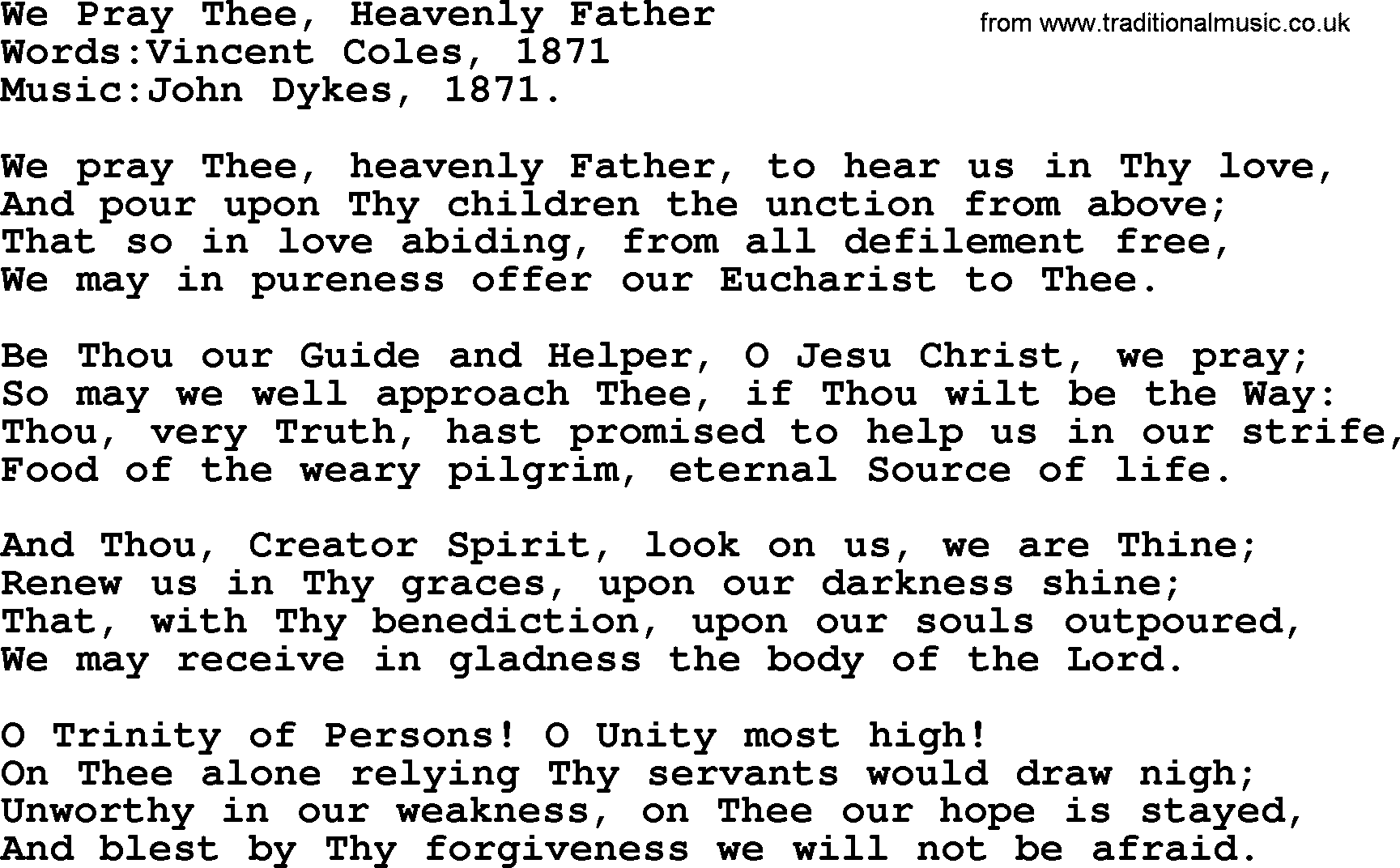 Christian hymns and song lyrics for Communion(The Eucharist): We Pray Thee, Heavenly Father, lyrics with PDF