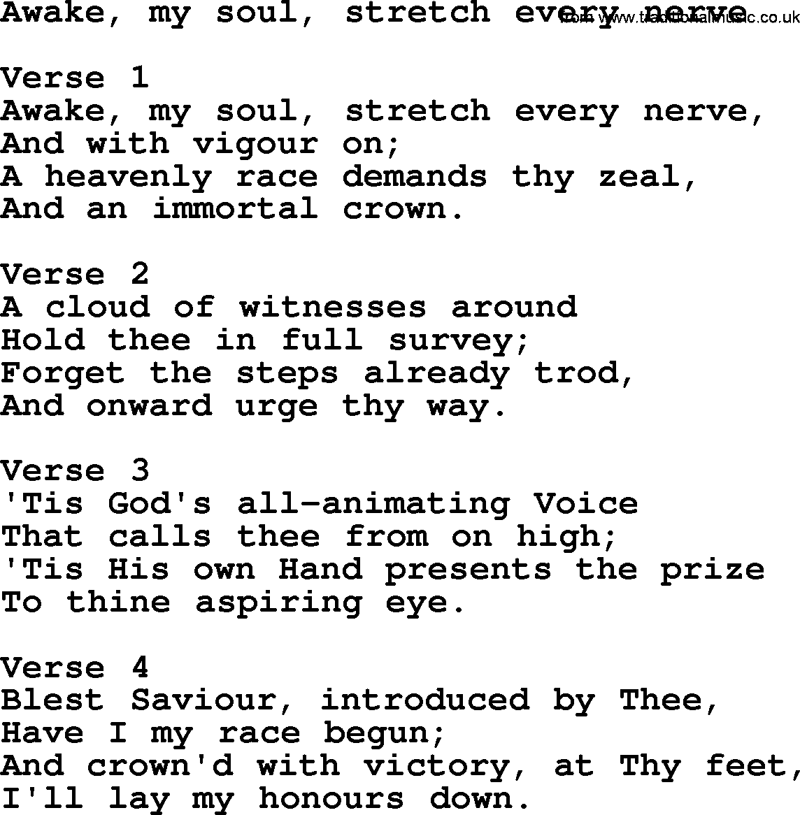 Hymns from the Psalms, Hymn: Awake My Soul Stretch Every Nerve, lyrics with PDF