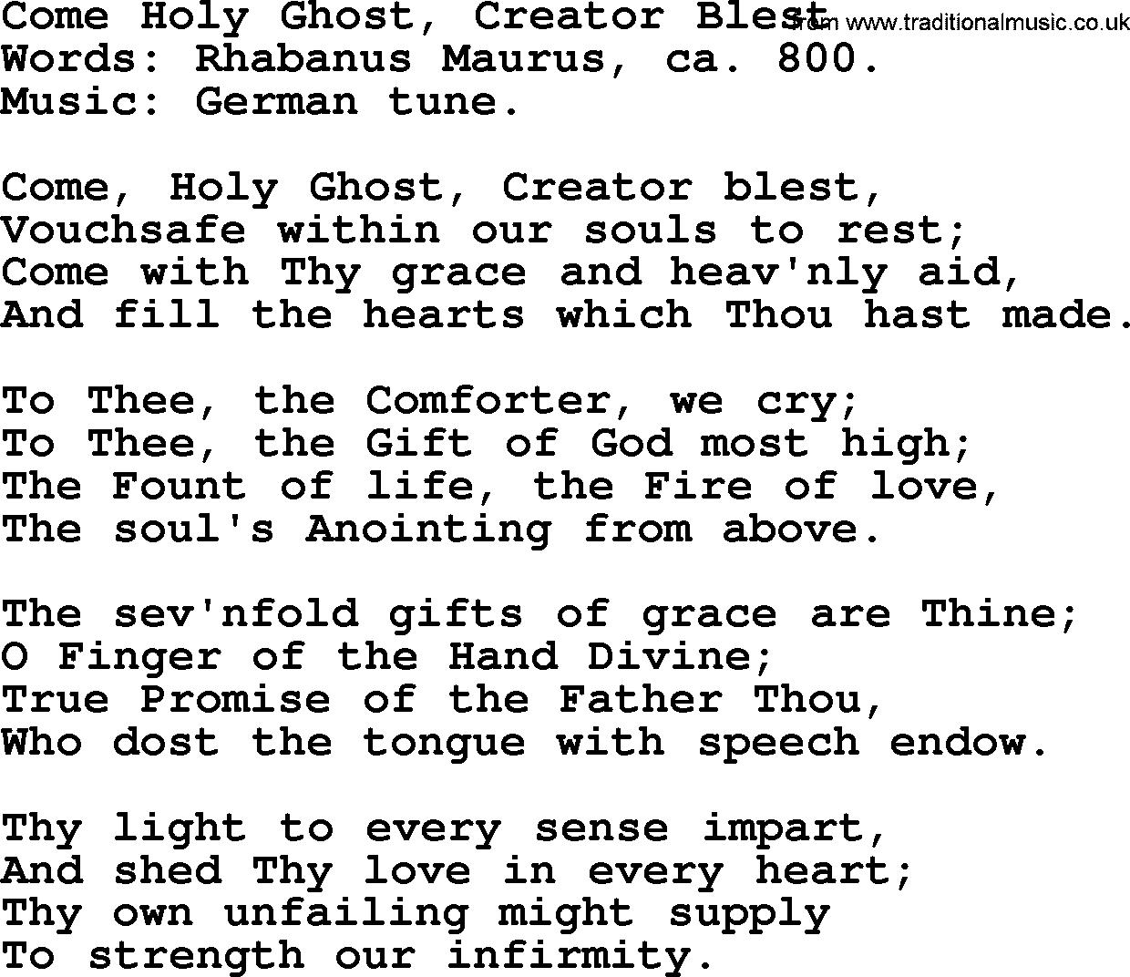 Hymns from the Psalms, Hymn: Come Holy Ghost, Creator Blest, lyrics with PDF