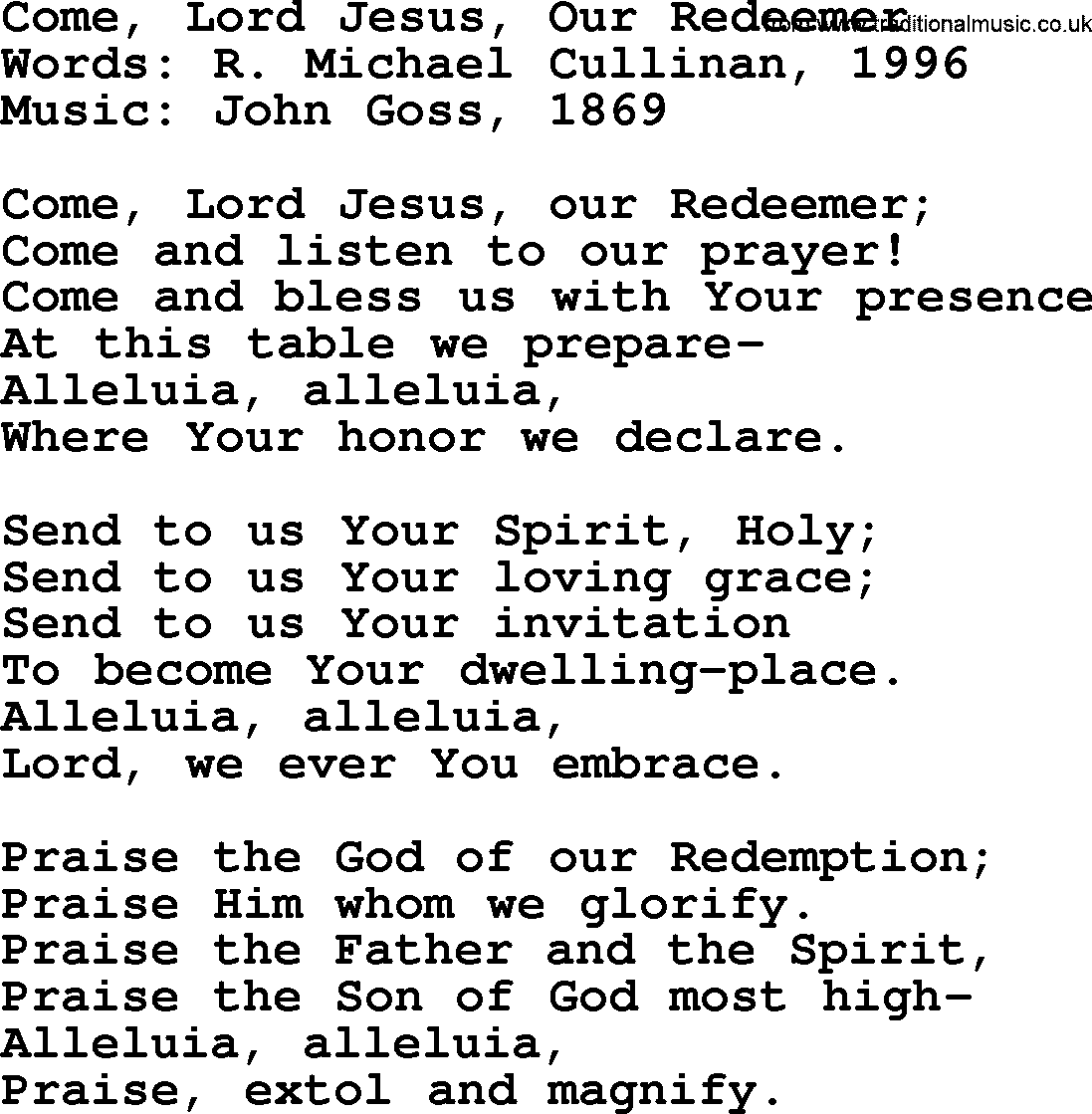 Hymns from the Psalms, Hymn: Come, Lord Jesus, Our Redeemer, lyrics with PDF