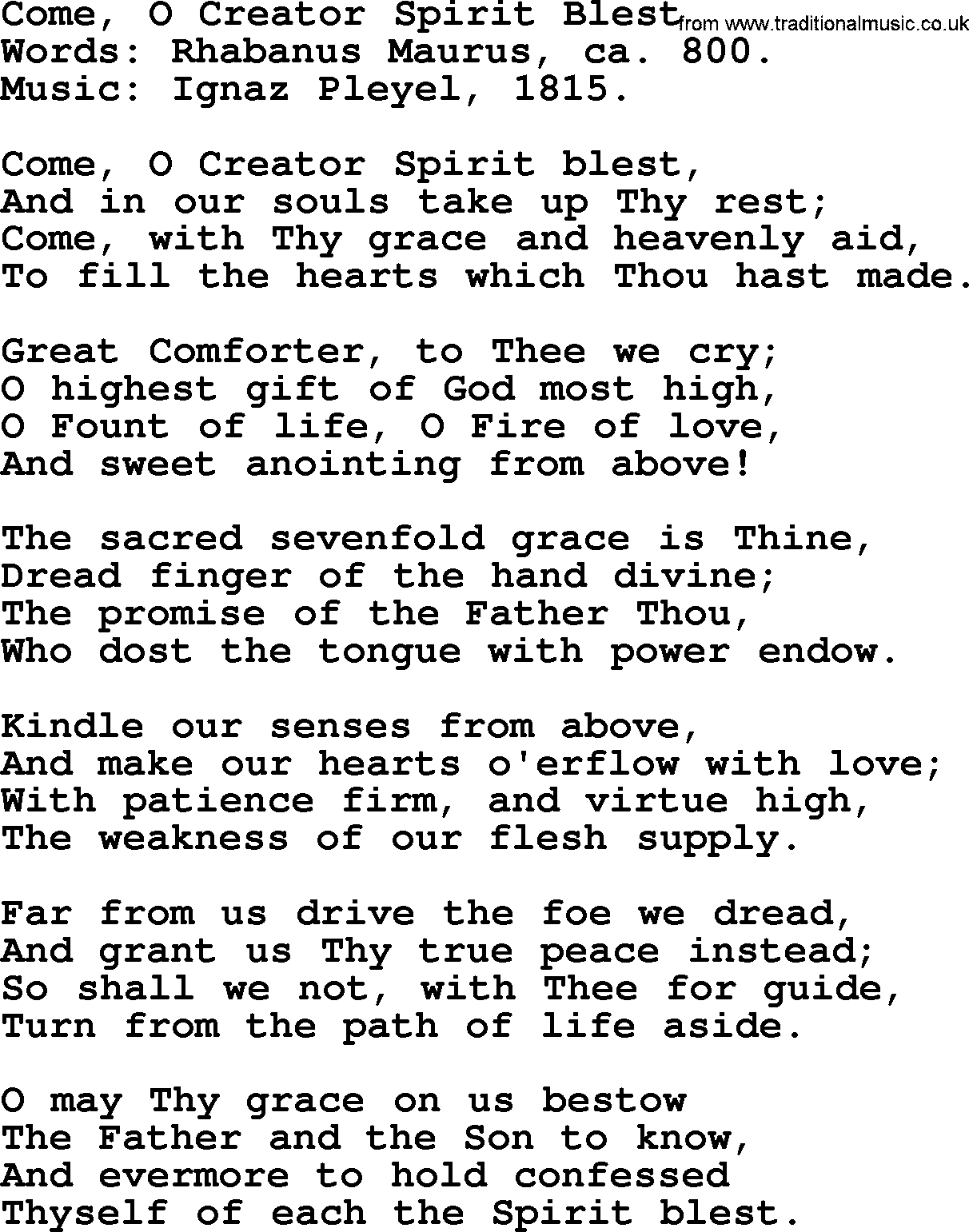 Hymns from the Psalms, Hymn: Come, O Creator Spirit Blest, lyrics with PDF