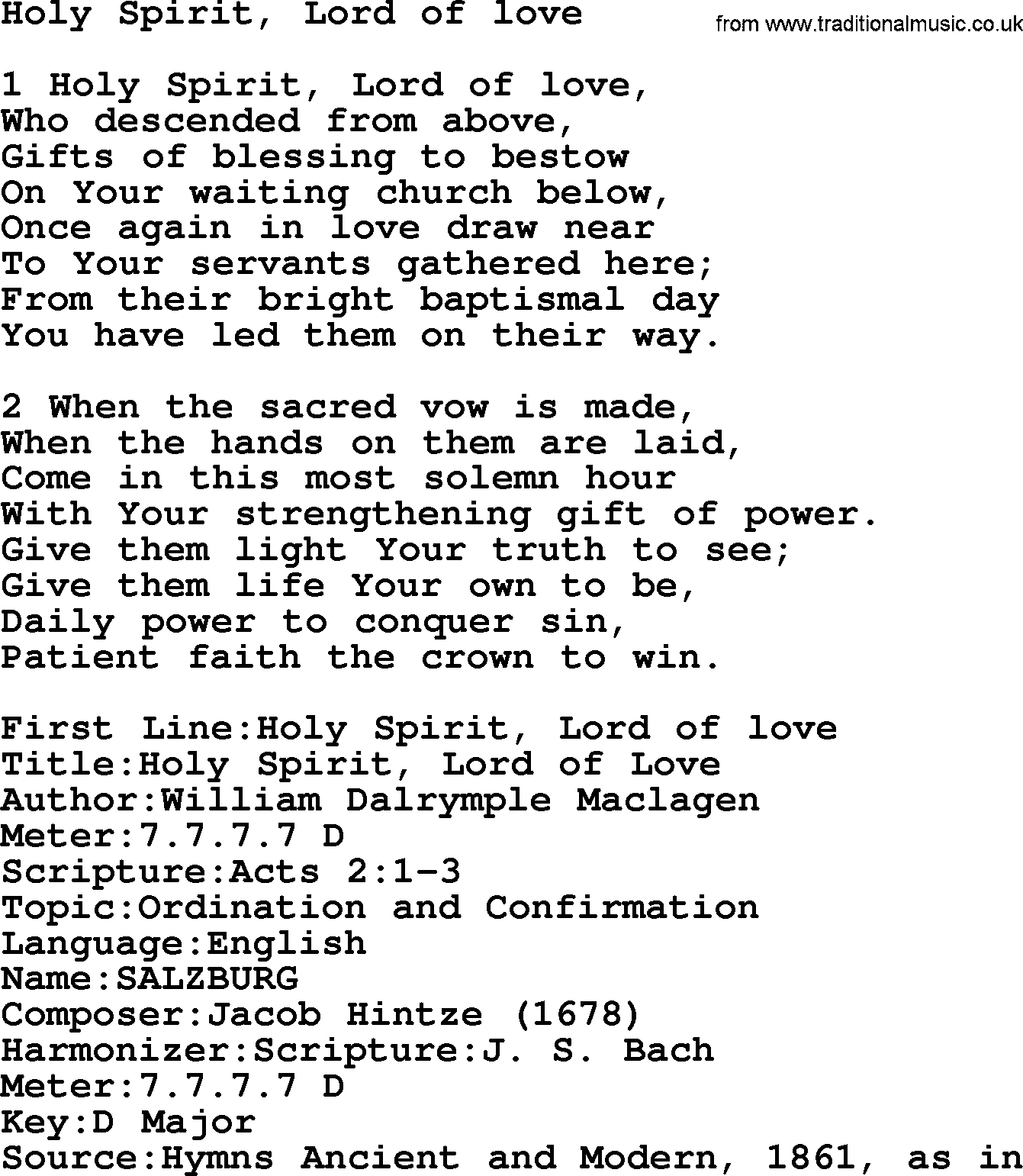 Hymns from the Psalms, Hymn: Holy Spirit, Lord Of Love, lyrics with PDF