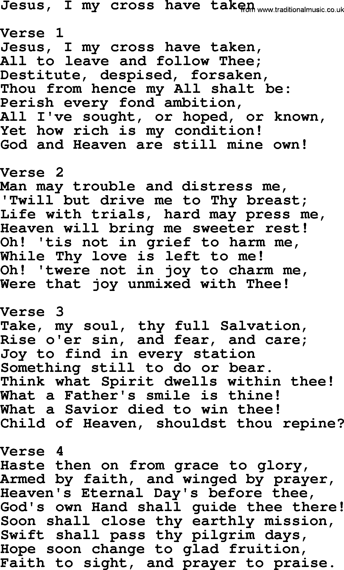 Hymns from the Psalms, Hymn: Jesus I My Cross Have Taken, lyrics with PDF