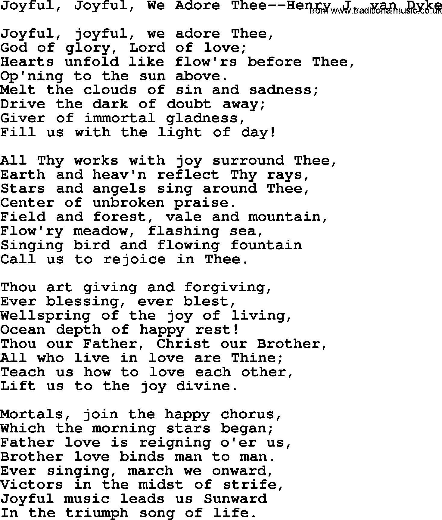 Hymns from the Psalms, Hymn: Joyful, Joyful, We Adore Thee-Henry J. Van Dyke, lyrics with PDF