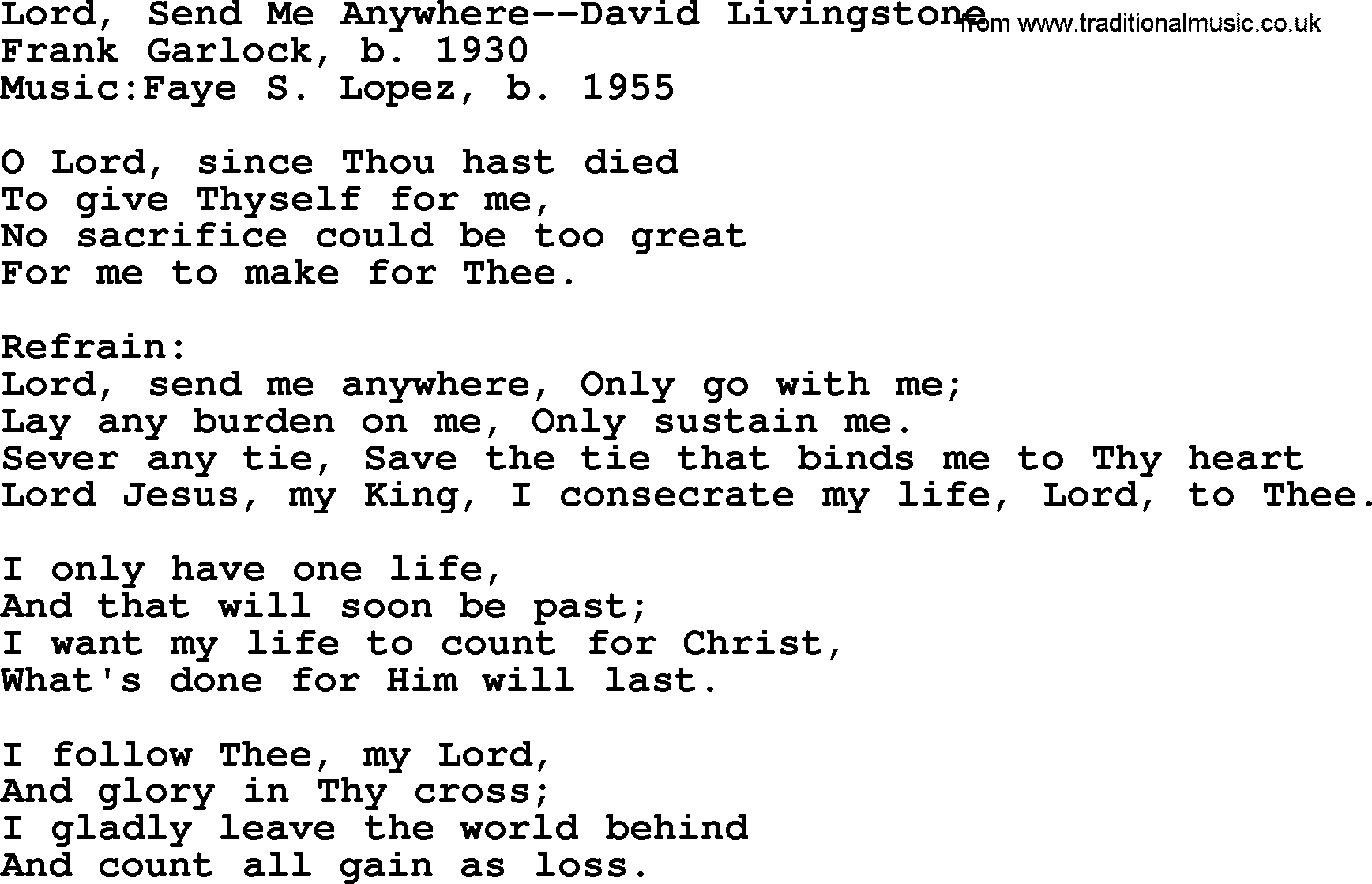 Hymns from the Psalms, Hymn: Lord, Send Me Anywhere-David Livingstone, lyrics with PDF
