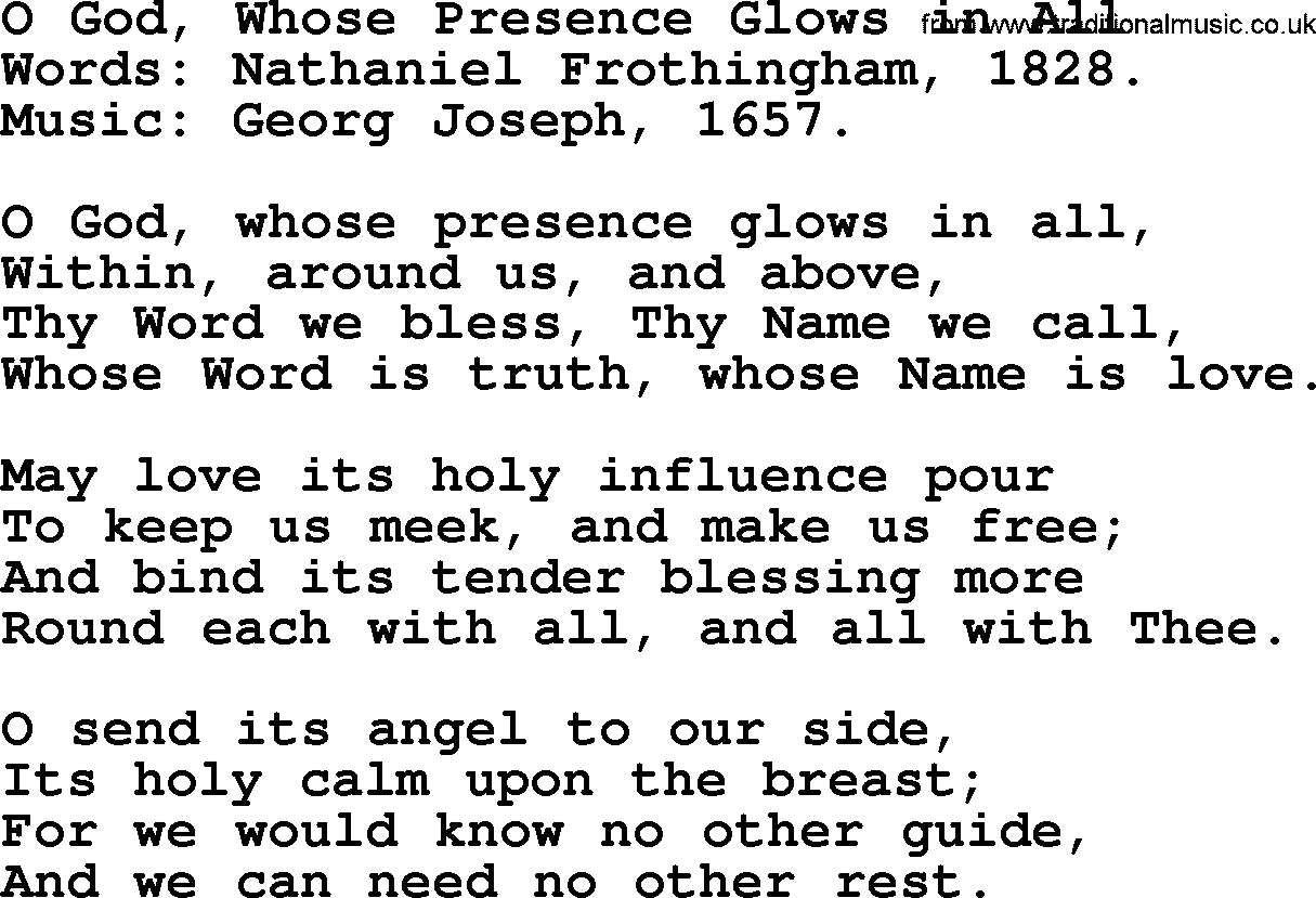 Hymns from the Psalms, Hymn: O God, Whose Presence Glows In All, lyrics with PDF