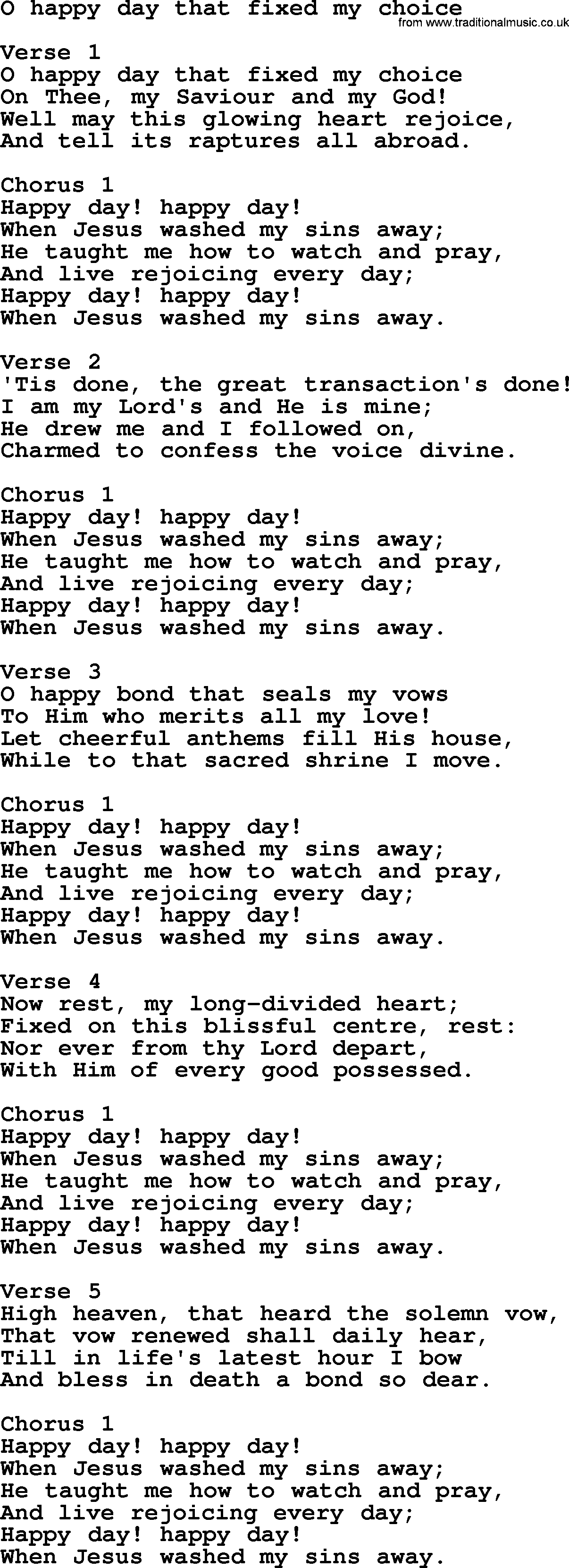 Hymns from the Psalms, Hymn: O Happy Day That Fixed My Choice, lyrics with PDF