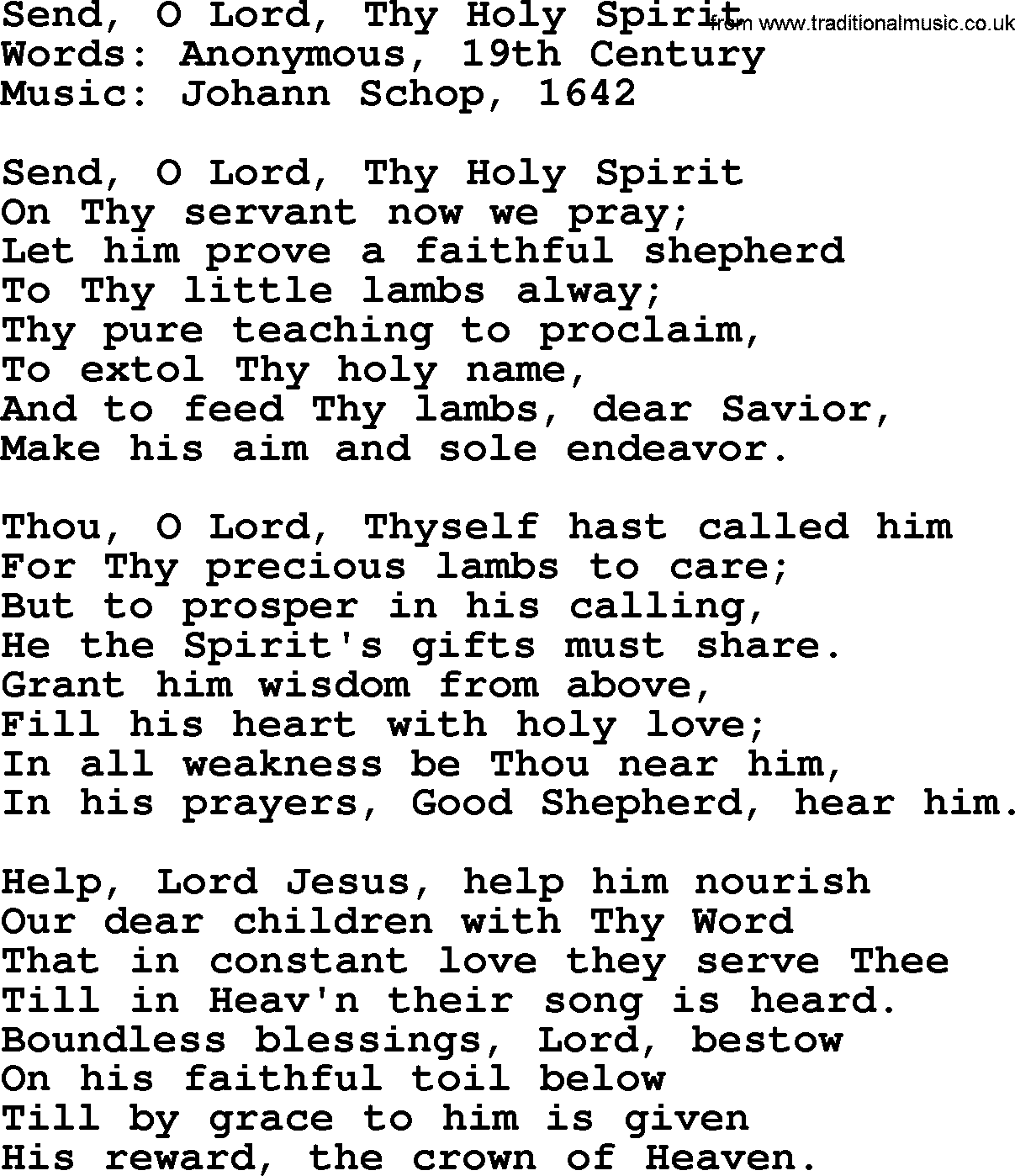 Hymns from the Psalms, Hymn: Send, O Lord, Thy Holy Spirit, lyrics with PDF