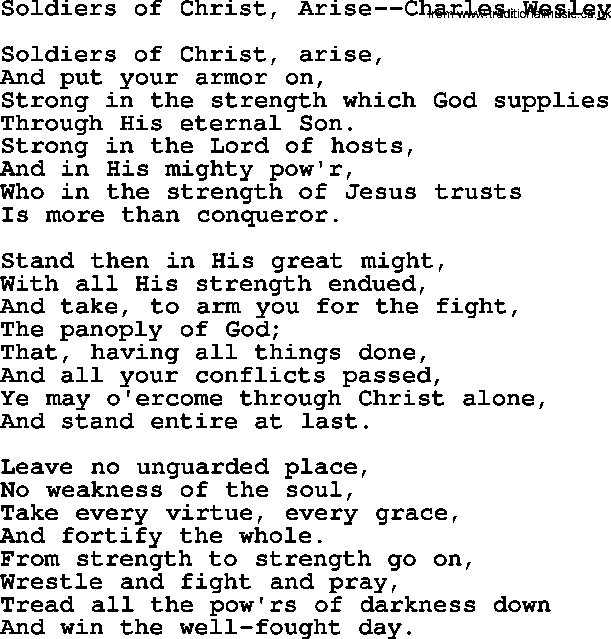 Hymns from the Psalms, Hymn: Soldiers Of Christ, Arise-Charles Wesley, lyrics with PDF