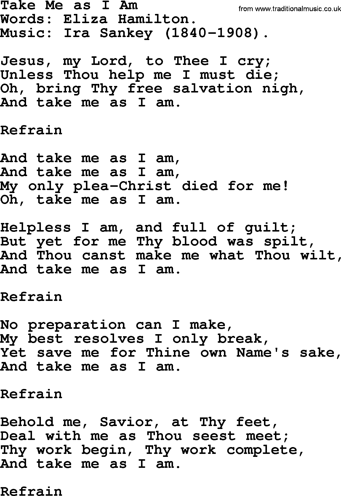 Hymns from the Psalms, Hymn: Take Me As I Am, lyrics with PDF