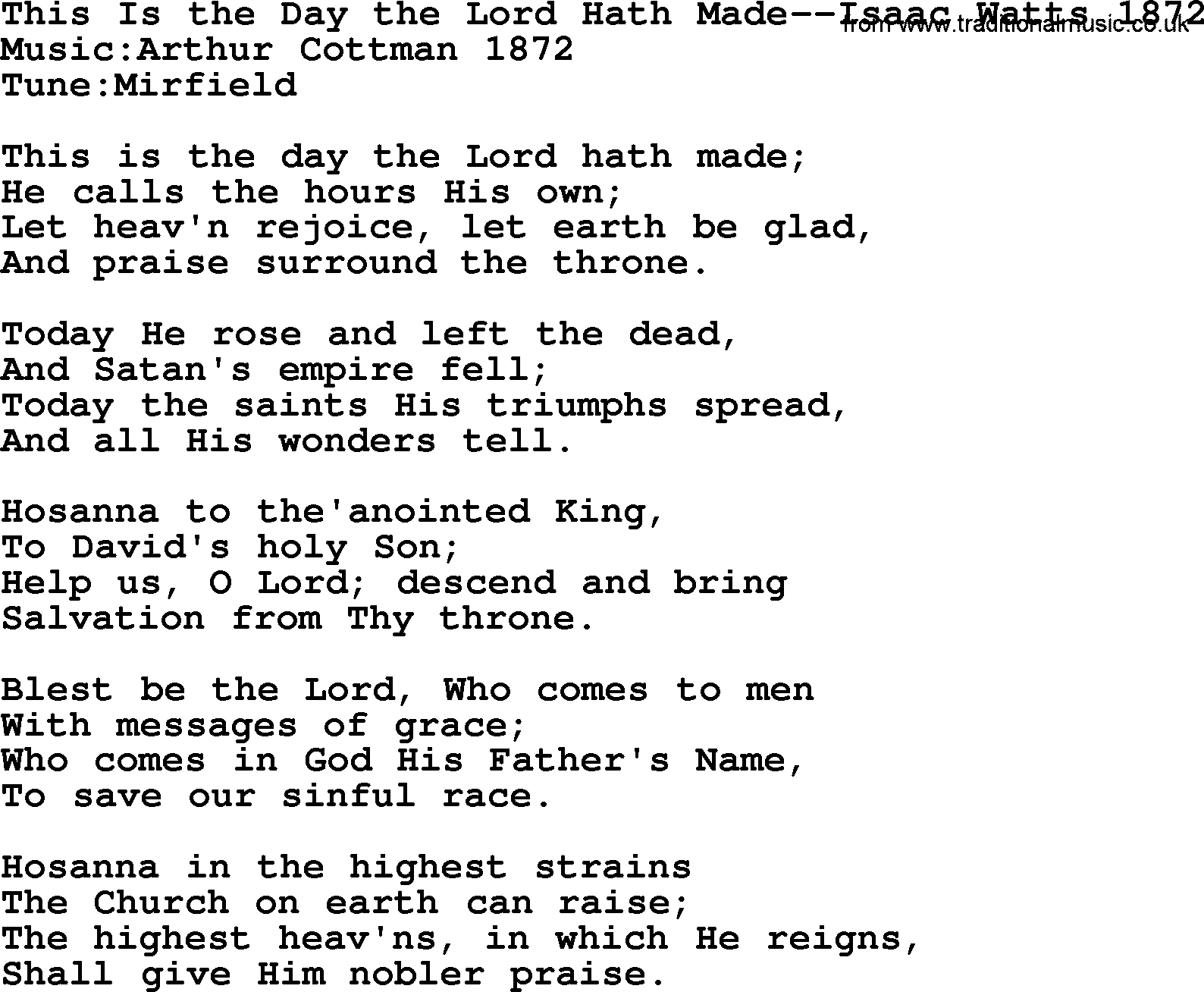 Hymns from the Psalms, Hymn: This Is The Day The Lord Hath Made-Isaac Watts 1872, lyrics with PDF