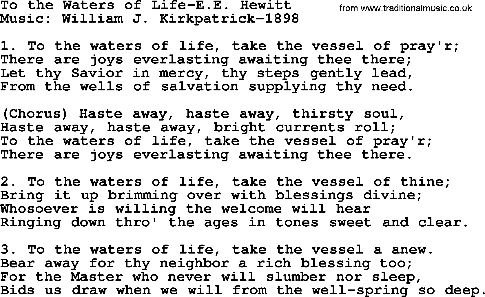 Hymns from the Psalms, Hymn: To The Waters Of Life-E.E. Hewitt, lyrics with PDF