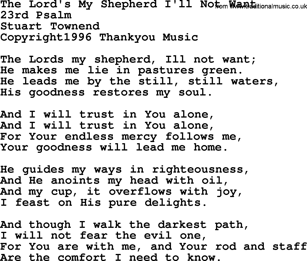 A collection of 500+ most sung Christian church hymns and songs, title: 23rs Psalm-The Lord's My Shepherd I'll Not Want~, lyrics, PPTX and PDF