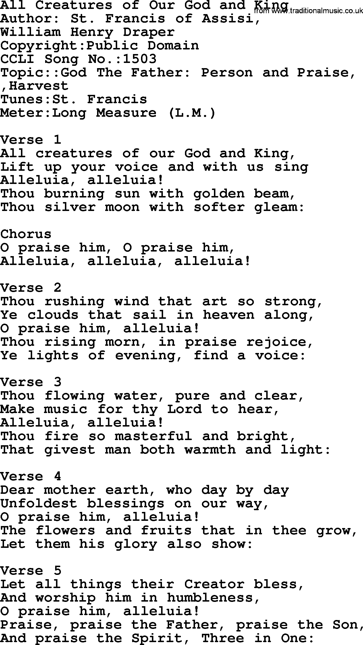 A collection of 500+ most sung Christian church hymns and songs, title: All Creatures Of Our God And King, lyrics, PPTX and PDF
