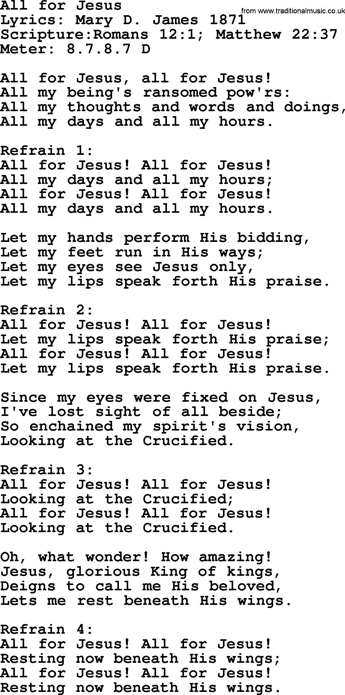 A collection of 500+ most sung Christian church hymns and songs, title: All For Jesus, lyrics, PPTX and PDF