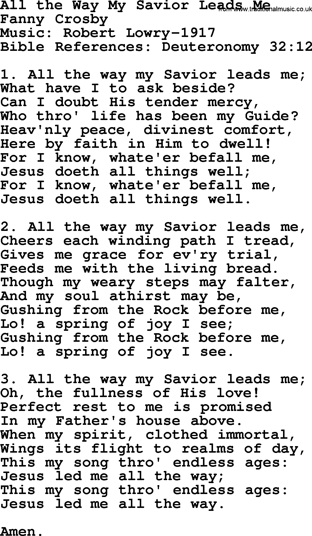 A collection of 500+ most sung Christian church hymns and songs, title: All The Way My Savior Leads Me, lyrics, PPTX and PDF