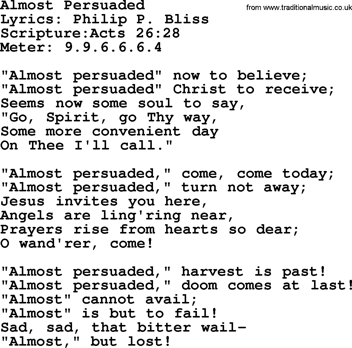 A collection of 500+ most sung Christian church hymns and songs, title: Almost Persuaded, lyrics, PPTX and PDF