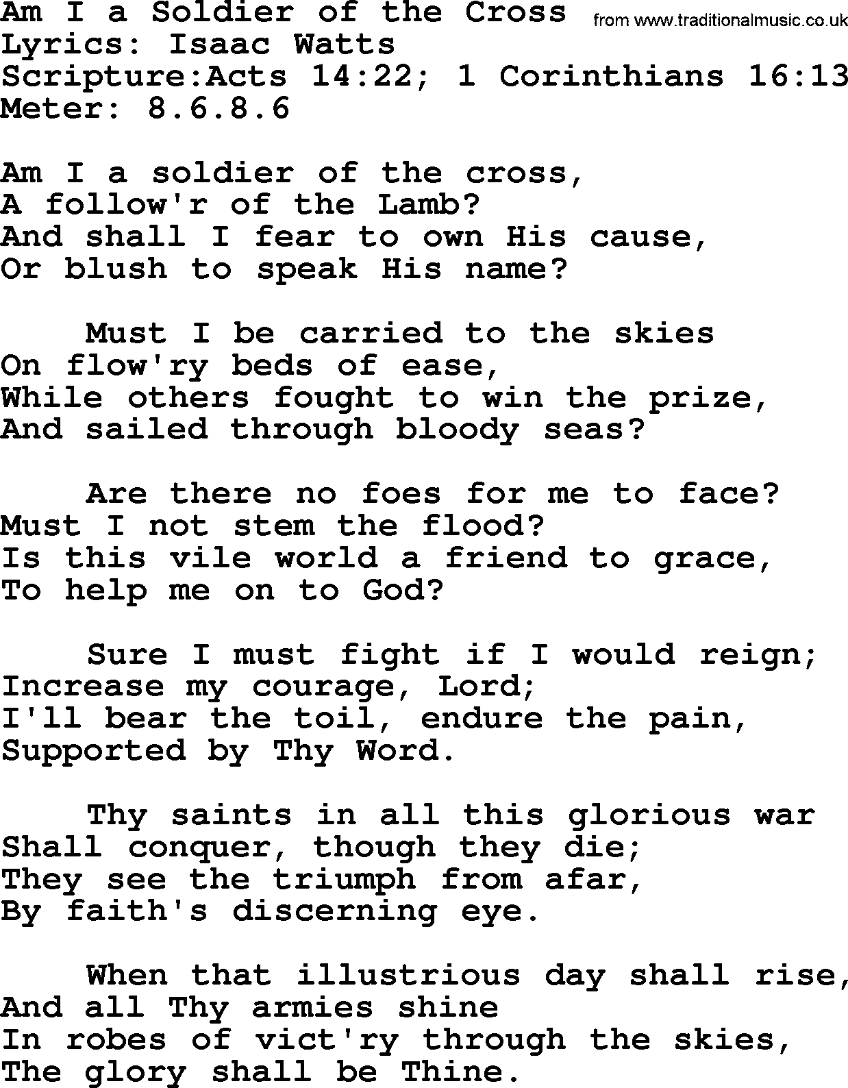 A collection of 500+ most sung Christian church hymns and songs, title: Am I A Soldier Of The Cross, lyrics, PPTX and PDF