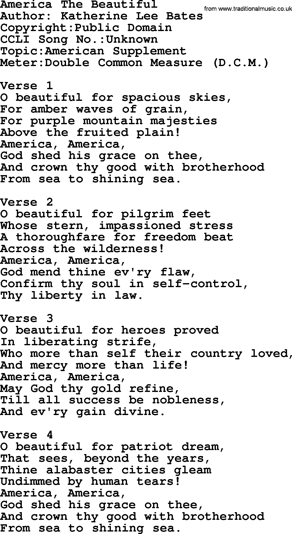 A collection of 500+ most sung Christian church hymns and songs, title: America The Beautiful, lyrics, PPTX and PDF