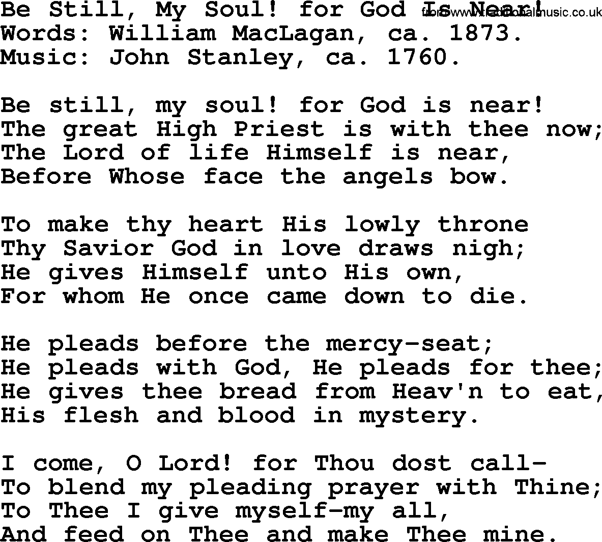 A collection of 500+ most sung Christian church hymns and songs, title: Be Still, My Soul! For God Is Near!, lyrics, PPTX and PDF
