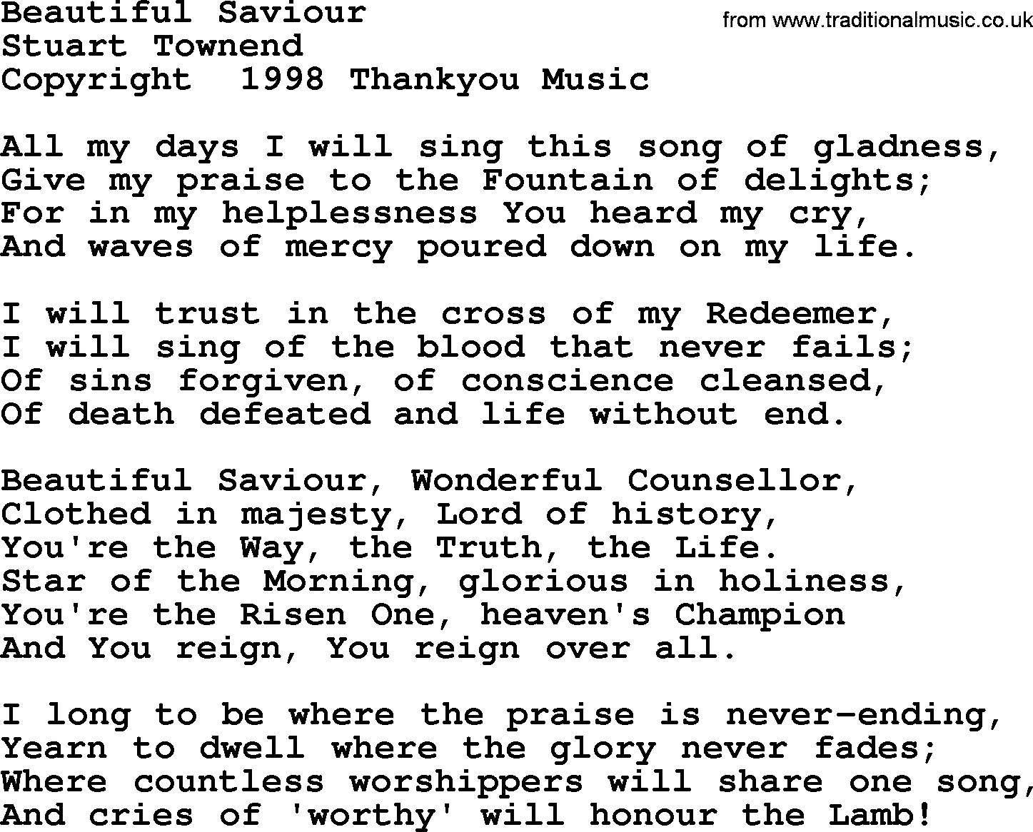 A collection of 500+ most sung Christian church hymns and songs, title: Beautiful Saviour(Townend)~, lyrics, PPTX and PDF