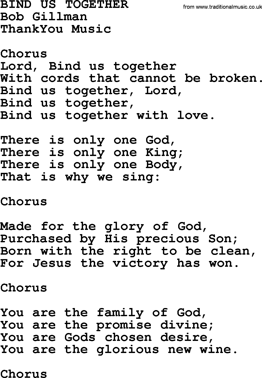 A collection of 500+ most sung Christian church hymns and songs, title: Bind Us Together~, lyrics, PPTX and PDF