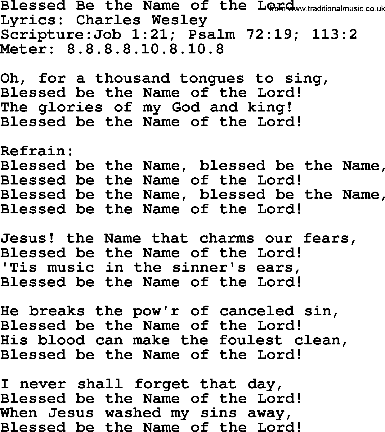 A collection of 500+ most sung Christian church hymns and songs, title: Blessed Be The Name Of The Lord, lyrics, PPTX and PDF