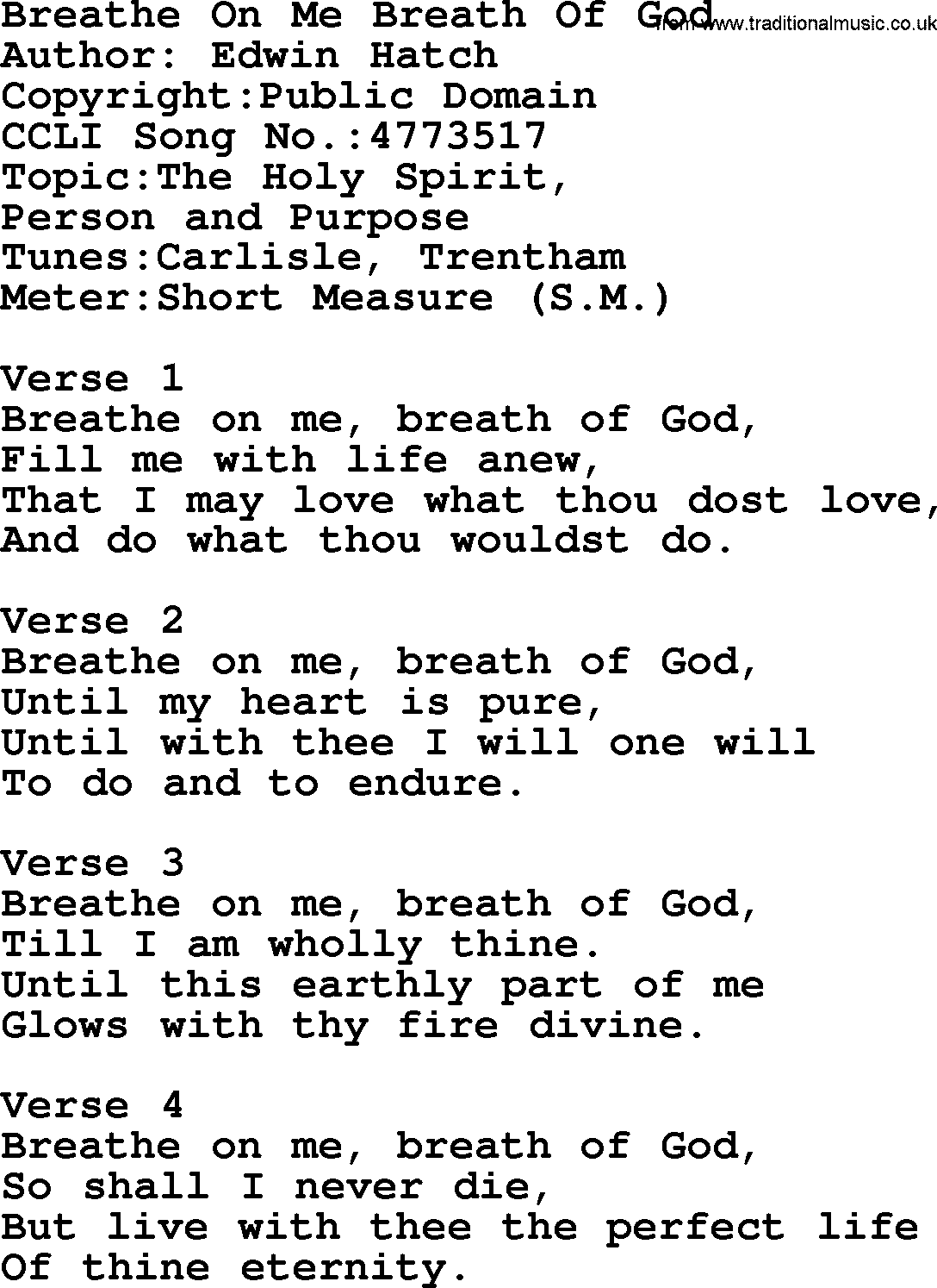A collection of 500+ most sung Christian church hymns and songs, title: Breathe On Me Breath Of God, lyrics, PPTX and PDF
