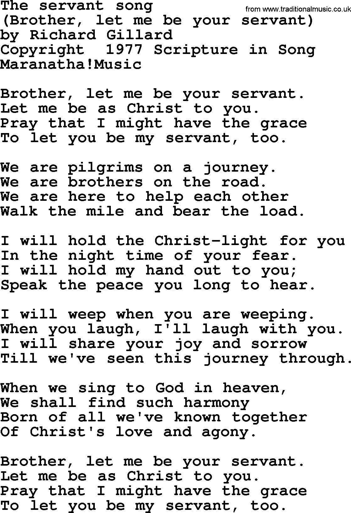 A collection of 500+ most sung Christian church hymns and songs, title: Brother, Let Me Be Your Servant(The Servant Song)~, lyrics, PPTX and PDF