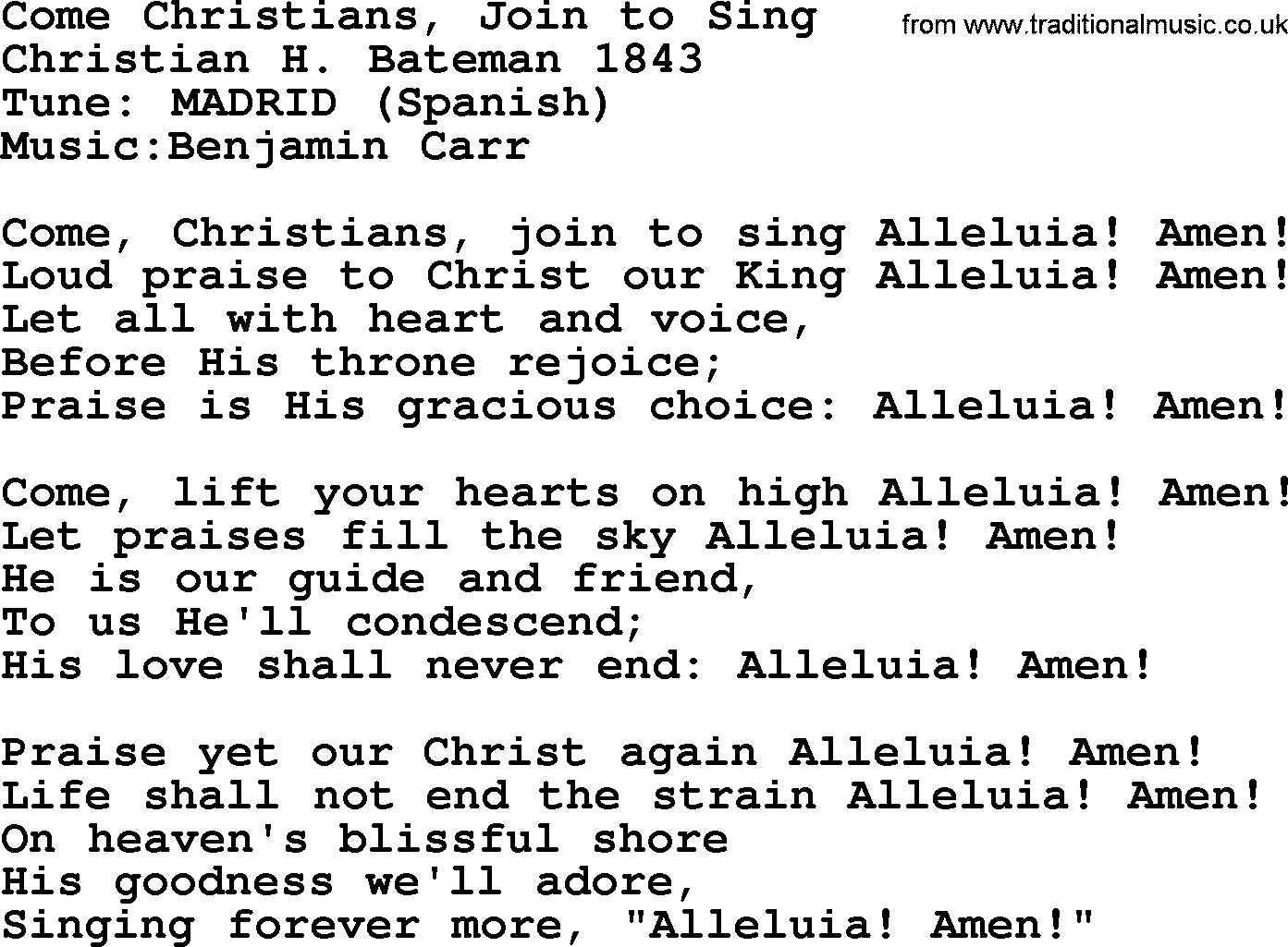 A collection of 500+ most sung Christian church hymns and songs, title: Come Christians, Join To Sing, lyrics, PPTX and PDF