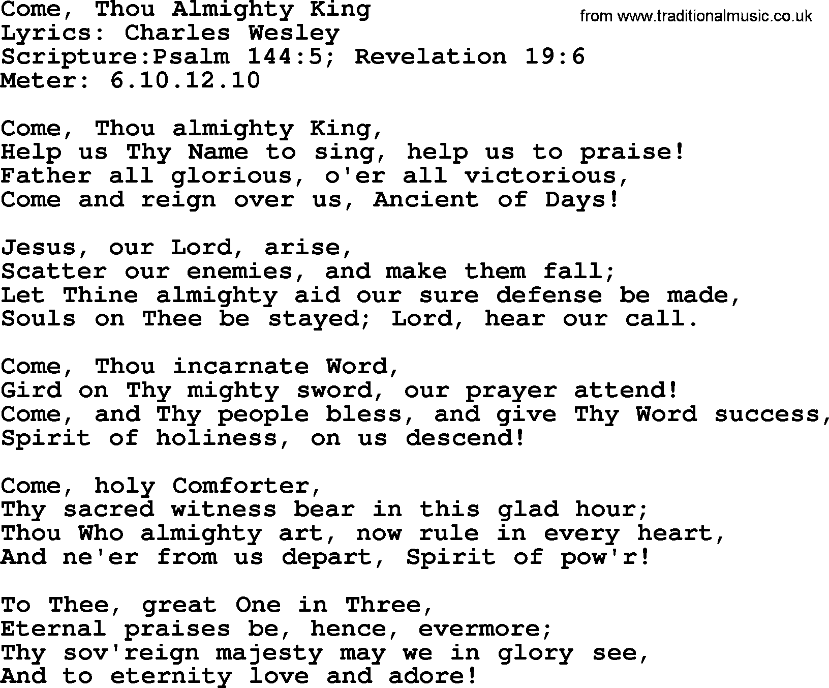 A collection of 500+ most sung Christian church hymns and songs, title: Come, Thou Almighty King, lyrics, PPTX and PDF