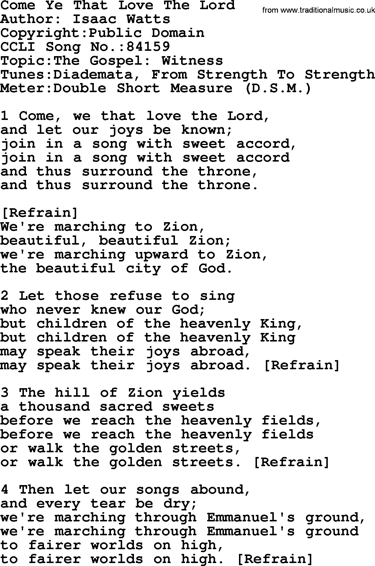 A collection of 500+ most sung Christian church hymns and songs, title: Come Ye That Love The Lord, lyrics, PPTX and PDF