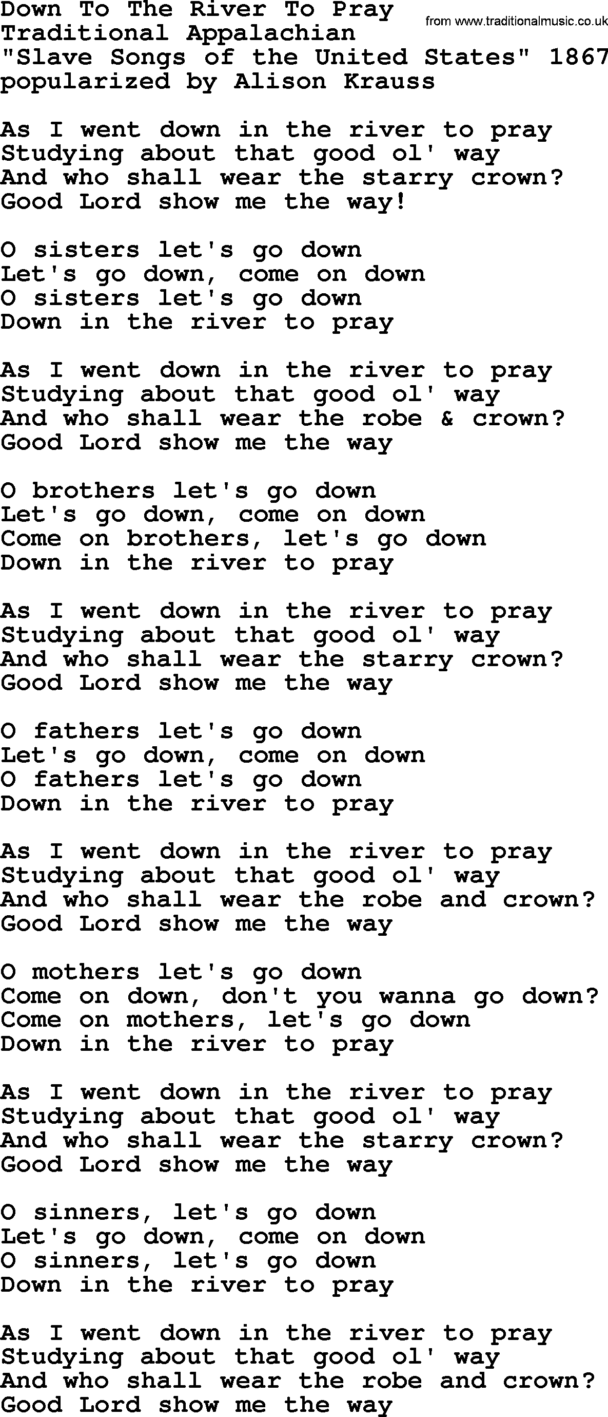 A collection of 500+ most sung Christian church hymns and songs, title: Down To The River To Pray, lyrics, PPTX and PDF