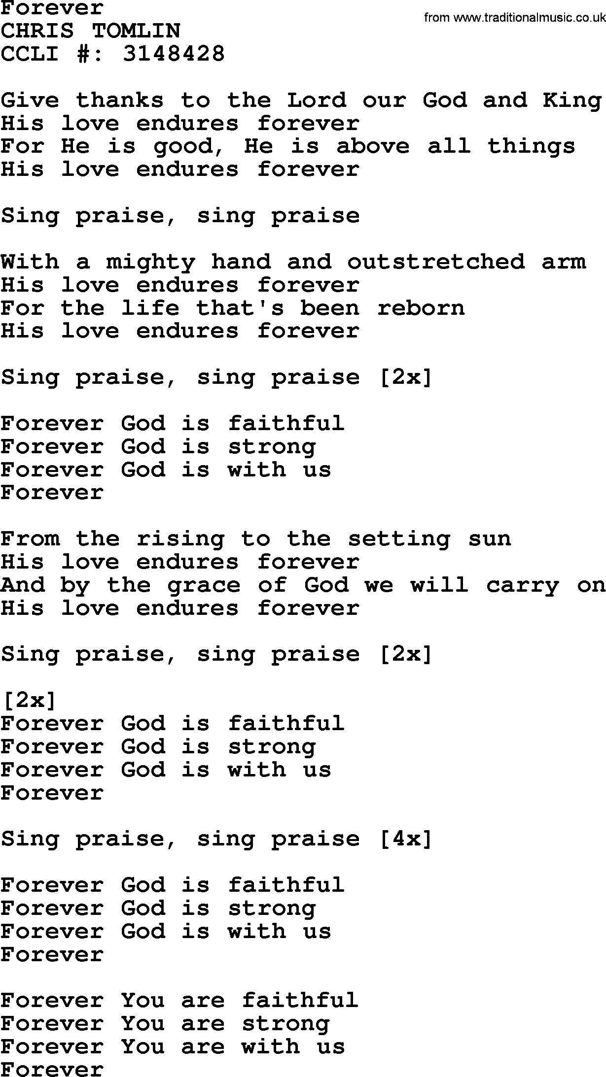 A collection of 500+ most sung Christian church hymns and songs, title: Forever~, lyrics, PPTX and PDF