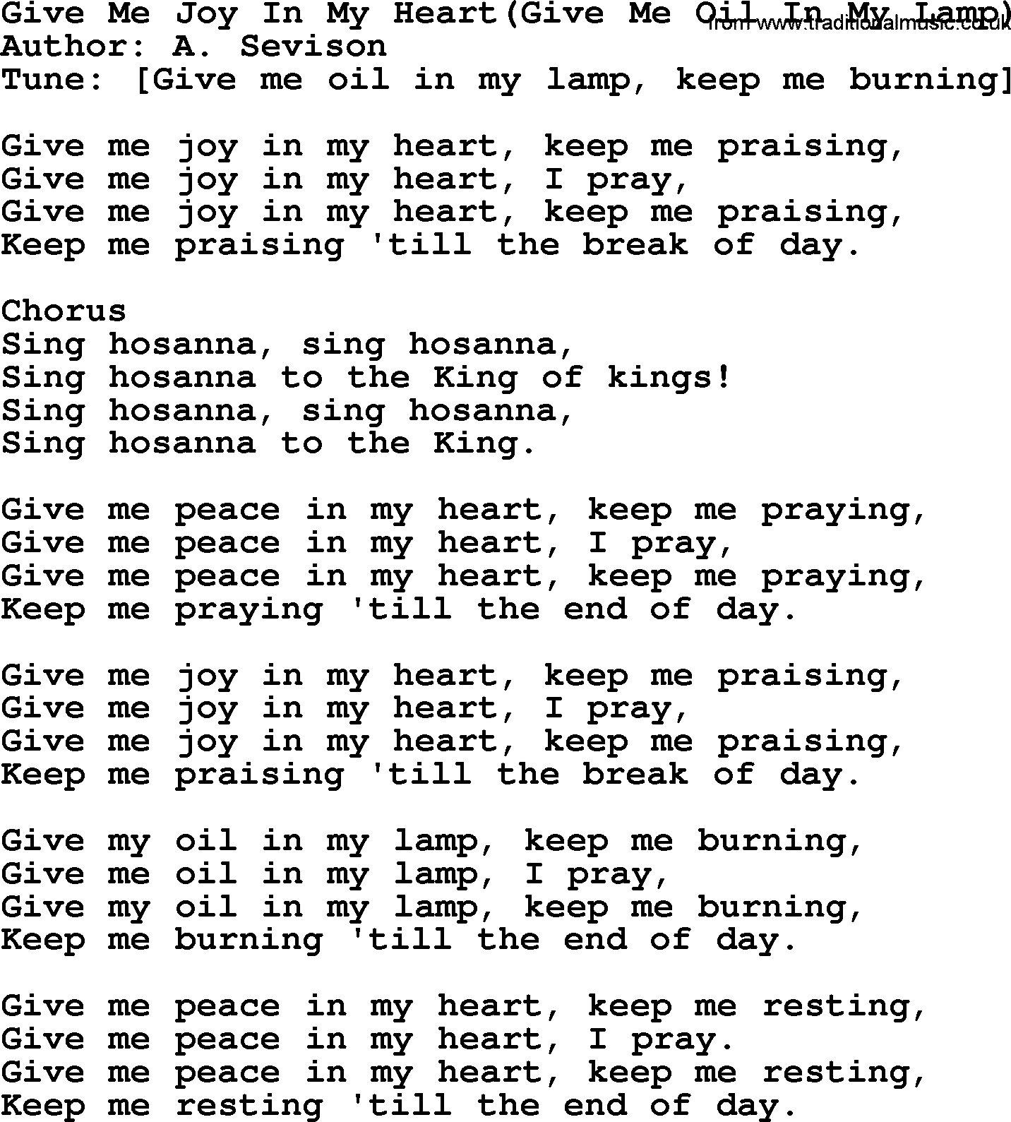 A collection of 500+ most sung Christian church hymns and songs, title: Give Me Joy In My Heart(Give Me Oil In My Lamp), lyrics, PPTX and PDF