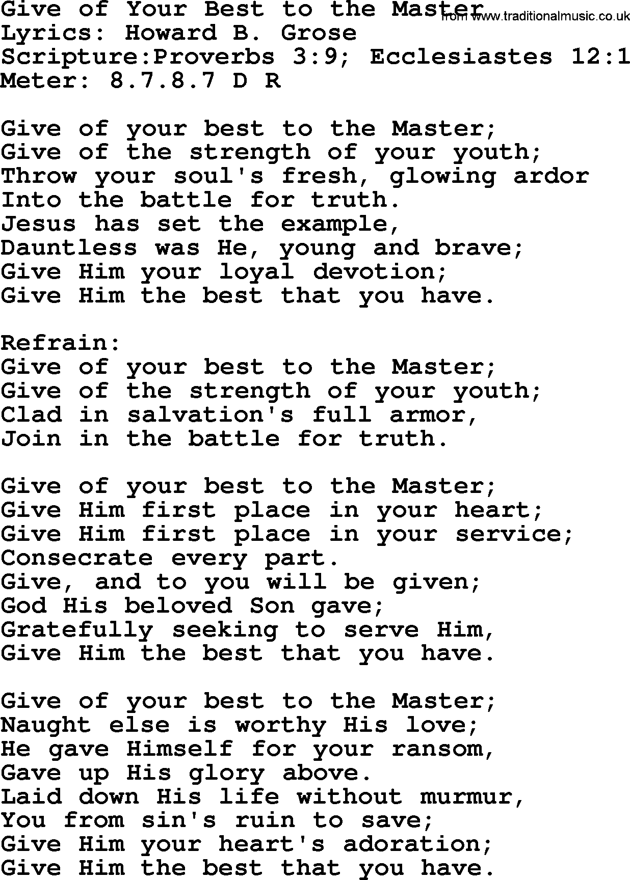 A collection of 500+ most sung Christian church hymns and songs, title: Give Of Your Best To The Master, lyrics, PPTX and PDF