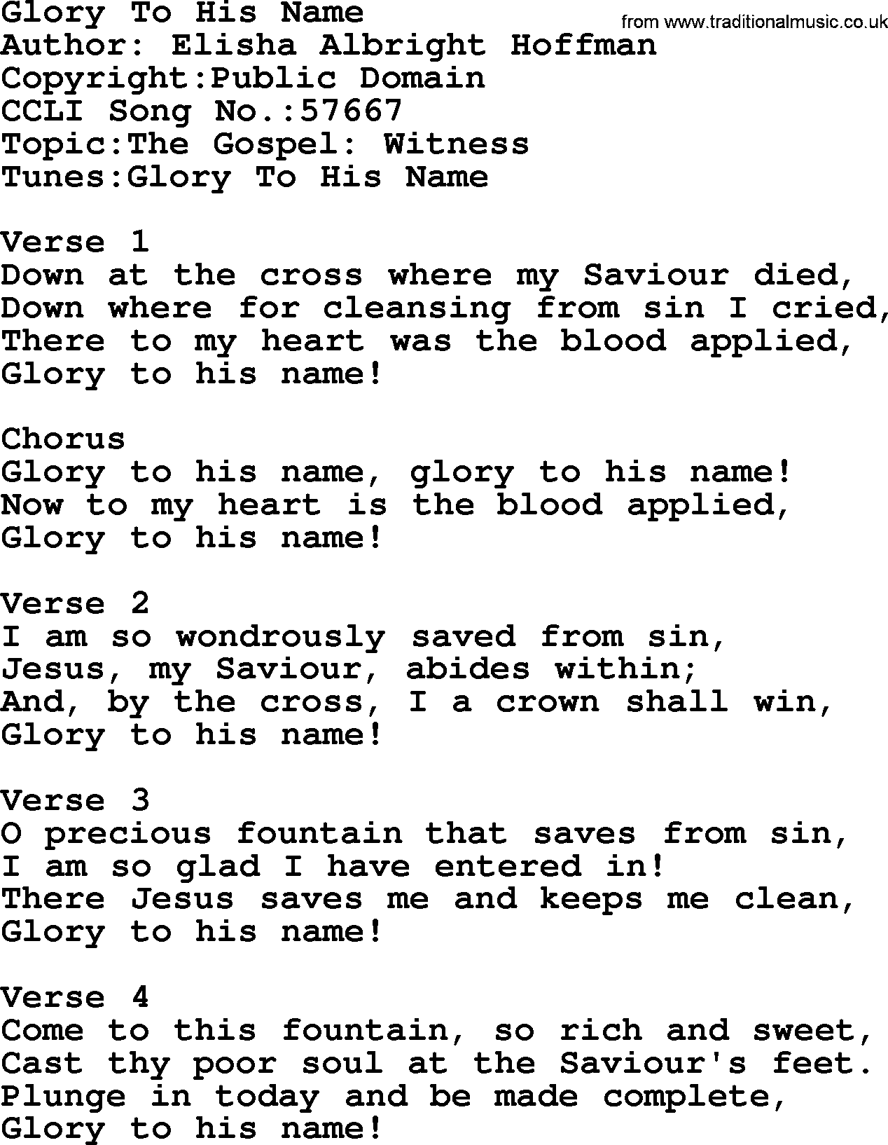 A collection of 500+ most sung Christian church hymns and songs, title: Glory To His Name, lyrics, PPTX and PDF