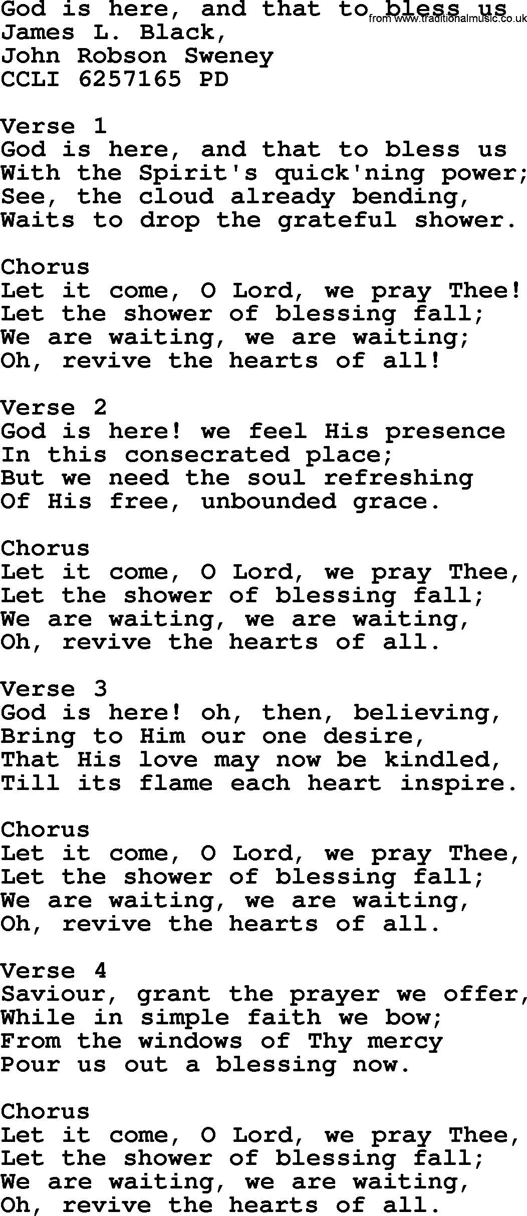 A collection of 500+ most sung Christian church hymns and songs, title: God Is Here, And That To Bless Us, lyrics, PPTX and PDF