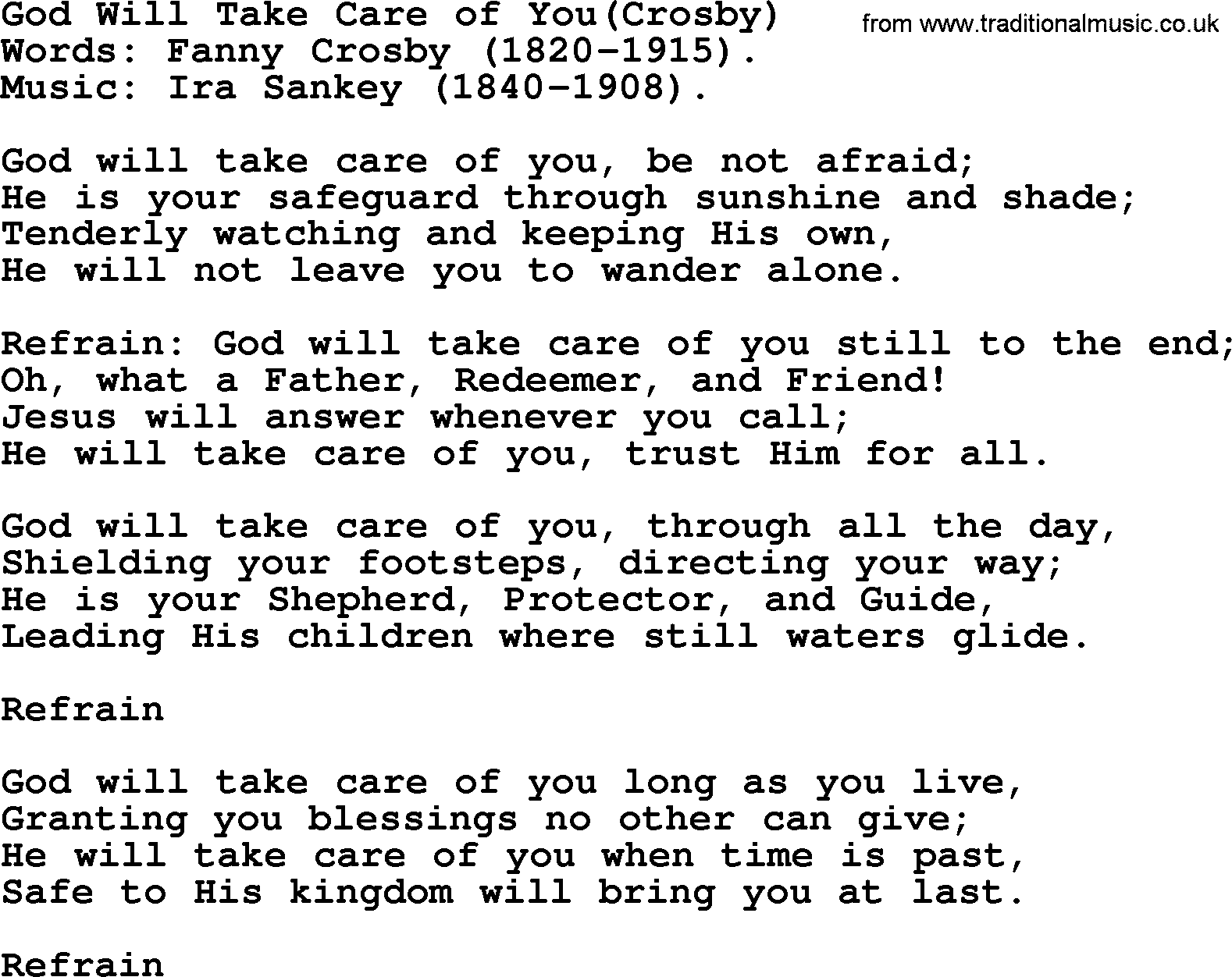A collection of 500+ most sung Christian church hymns and songs, title: God Will Take Care Of You(Crosby), lyrics, PPTX and PDF
