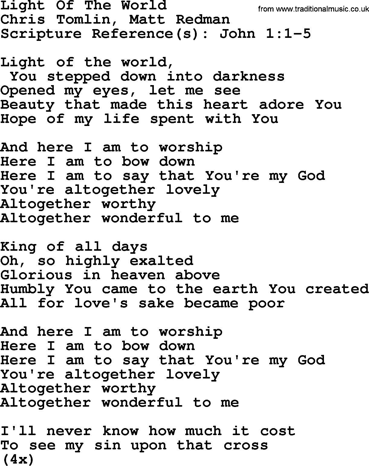 A collection of 500+ most sung Christian church hymns and songs, title: Here I Am To Worship(Light Of The World)~, lyrics, PPTX and PDF