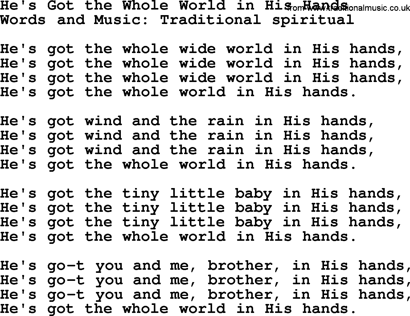 A collection of 500+ most sung Christian church hymns and songs, title: He's Got The Whole World In His Hands, lyrics, PPTX and PDF
