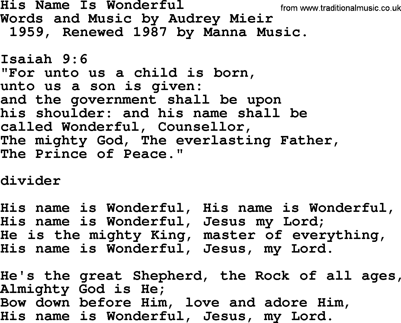A collection of 500+ most sung Christian church hymns and songs, title: His Name Is Wonderful~, lyrics, PPTX and PDF