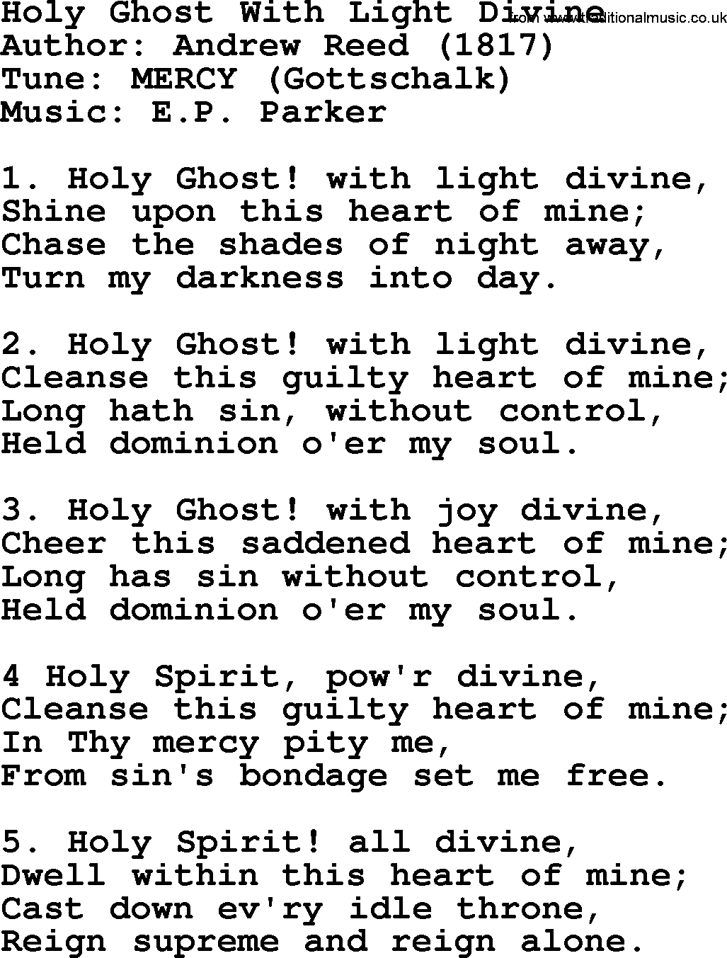 A collection of 500+ most sung Christian church hymns and songs, title: Holy Ghost With Light Divine-A. Reed, lyrics, PPTX and PDF