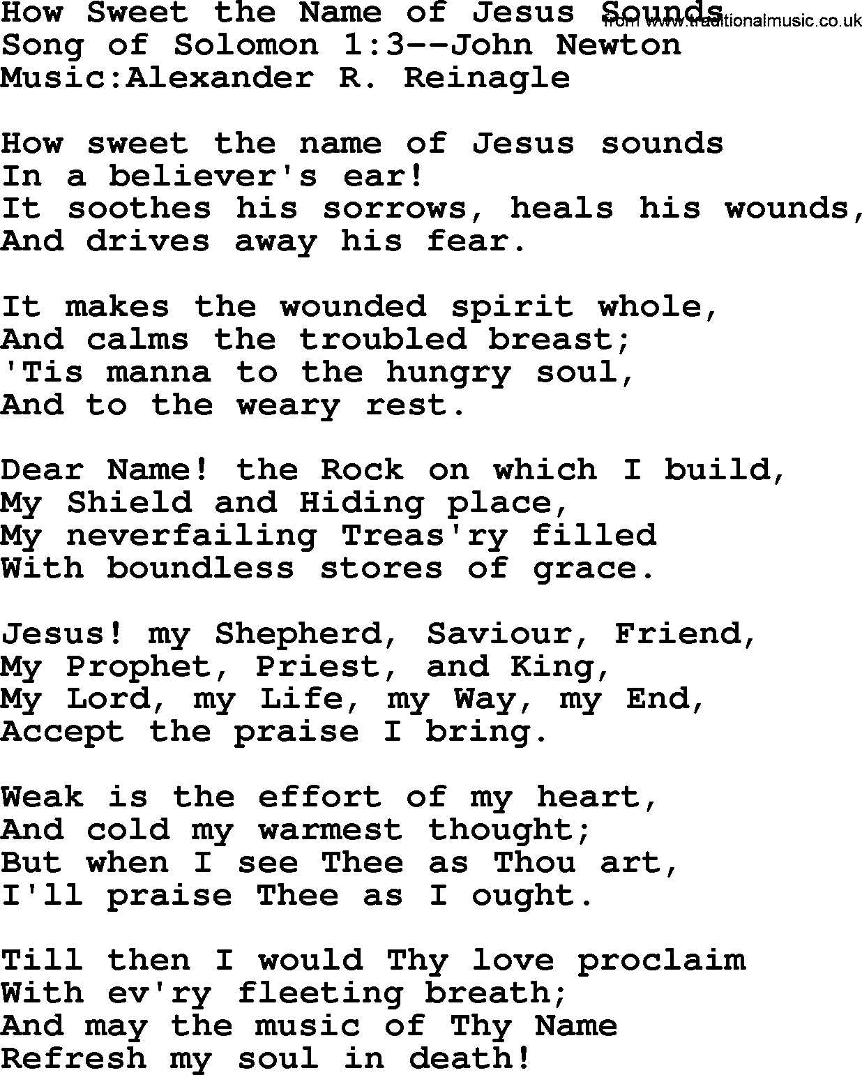 A collection of 500+ most sung Christian church hymns and songs, title: How Sweet The Name Of Jesus Sounds, lyrics, PPTX and PDF